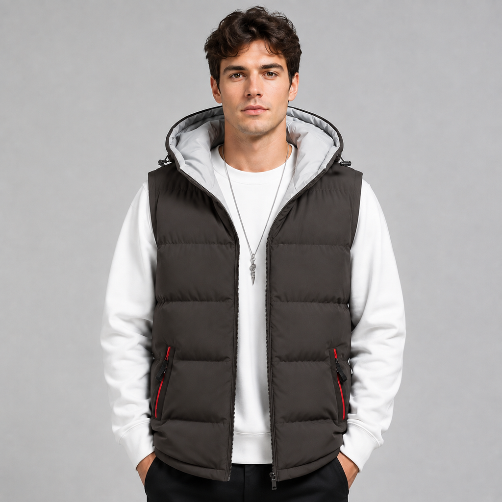 Gilet matelassé à capuche sans manches pour homme, Fermeture zippée