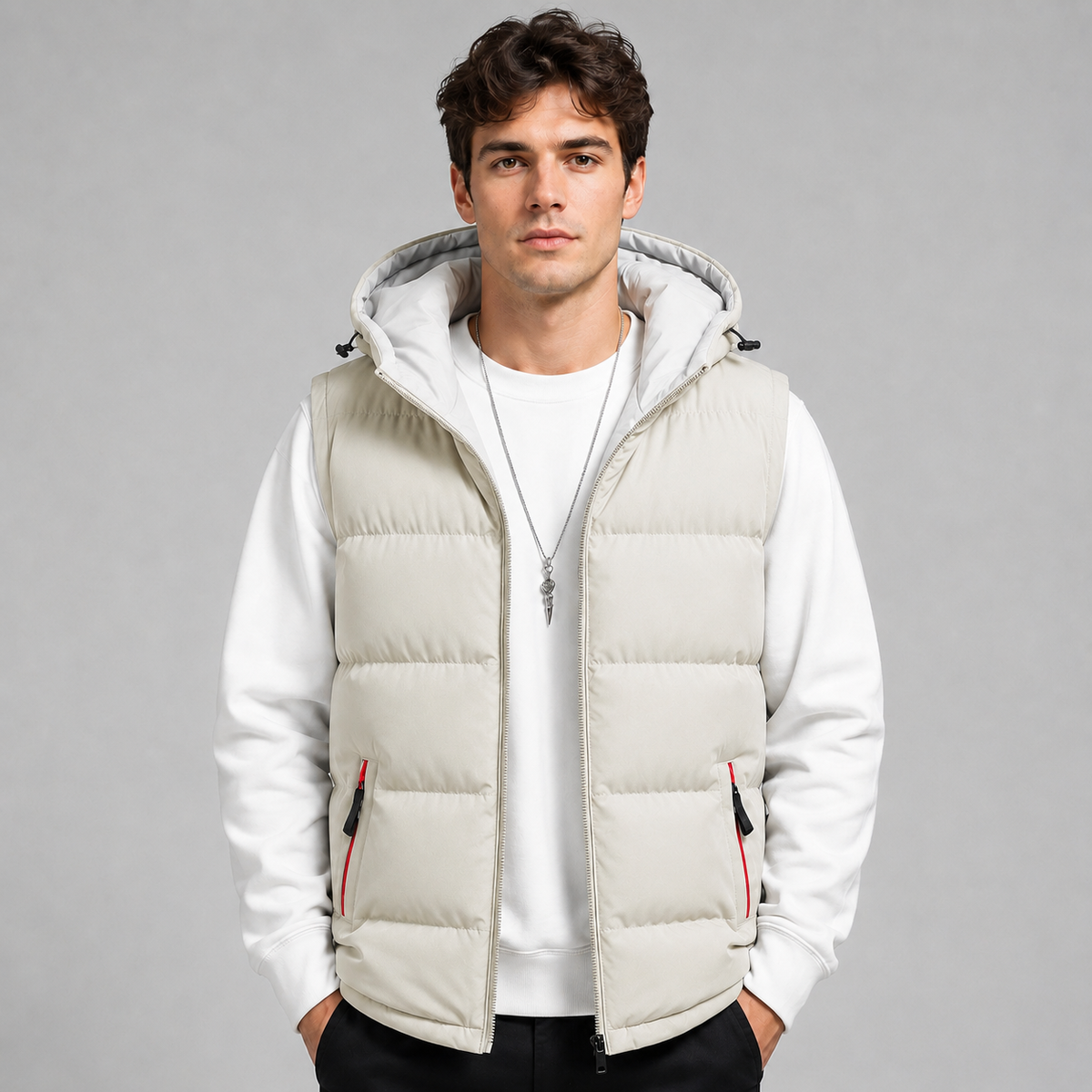Gilet matelassé à capuche sans manches pour homme, Fermeture zippée