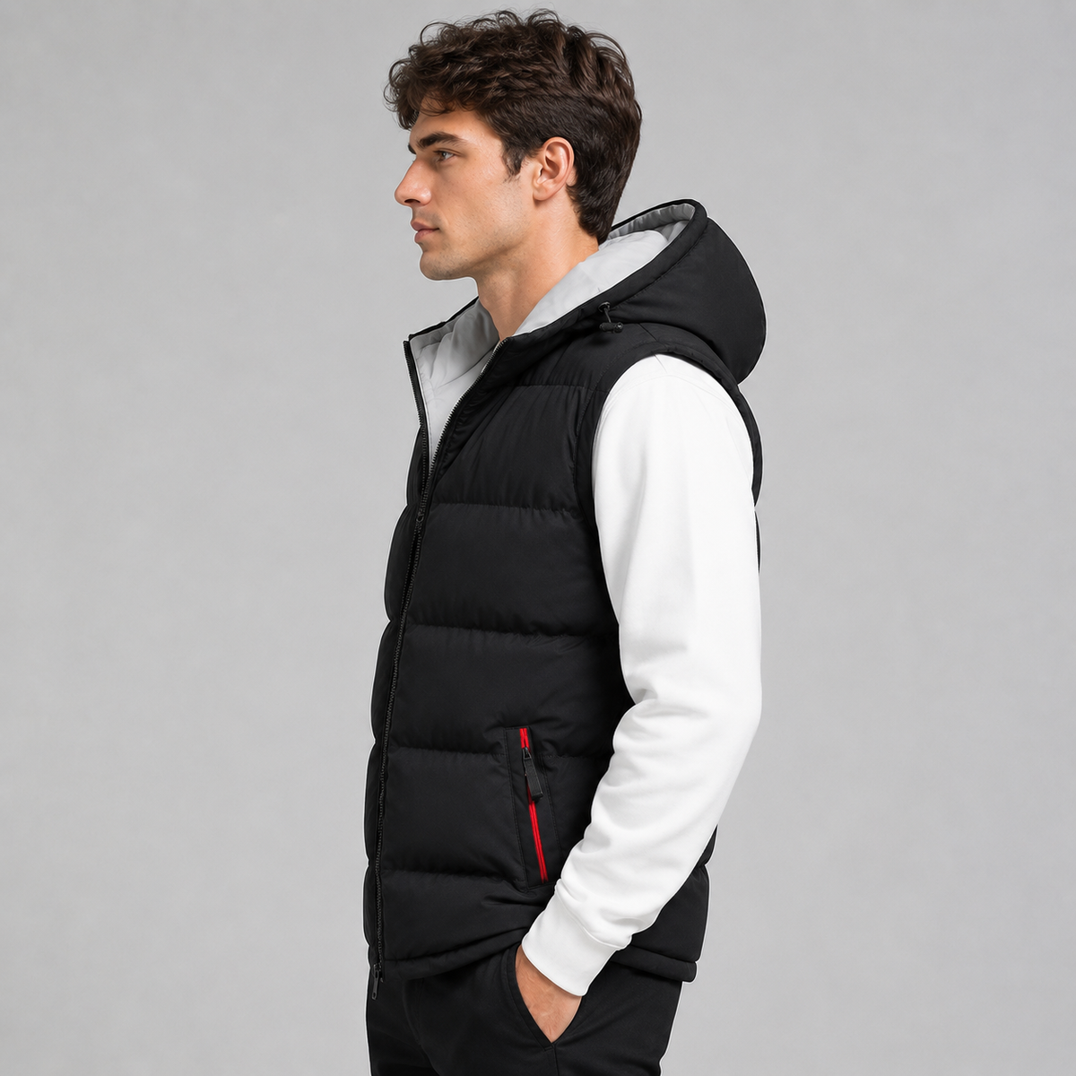 Gilet matelassé à capuche sans manches pour homme, Fermeture zippée