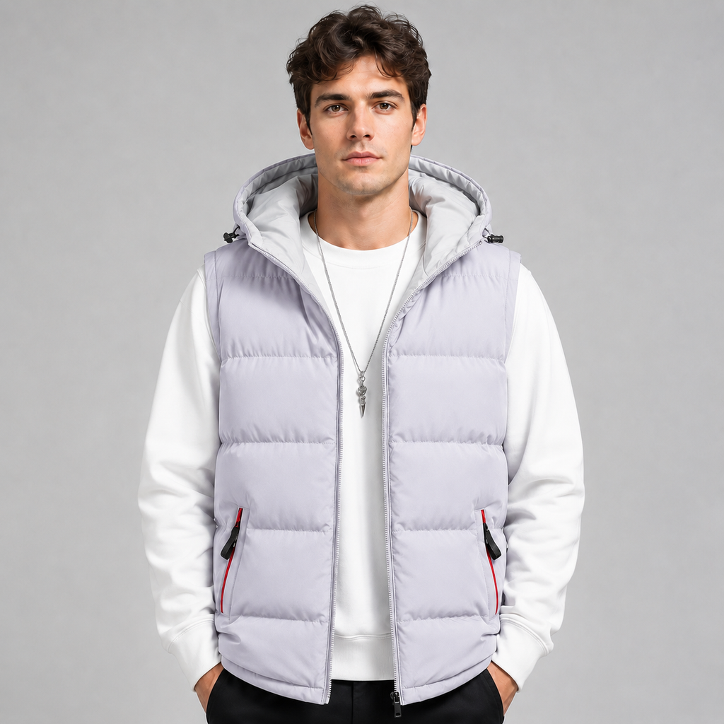 Gilet matelassé à capuche sans manches pour homme, Fermeture zippée