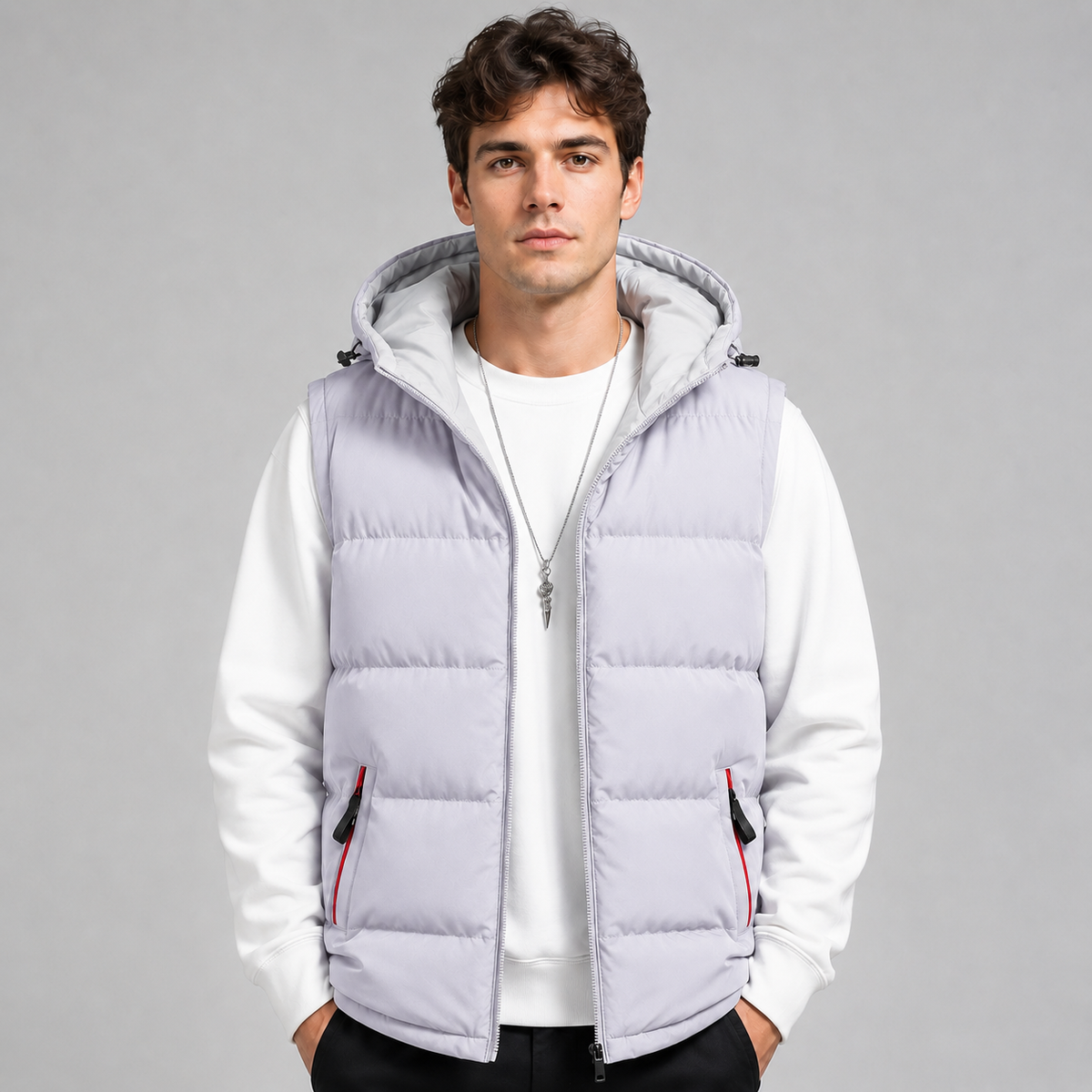 Gilet matelassé à capuche sans manches pour homme, Fermeture zippée