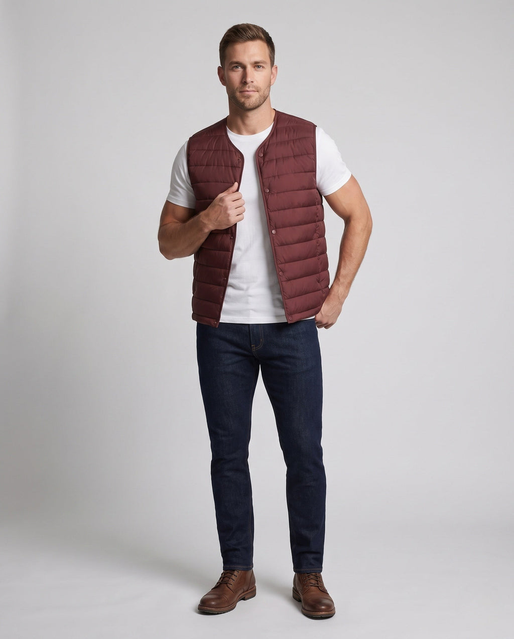 Gilet matelassé sans manches pour homme à aspect duvet léger et fermeture à boutons-pression