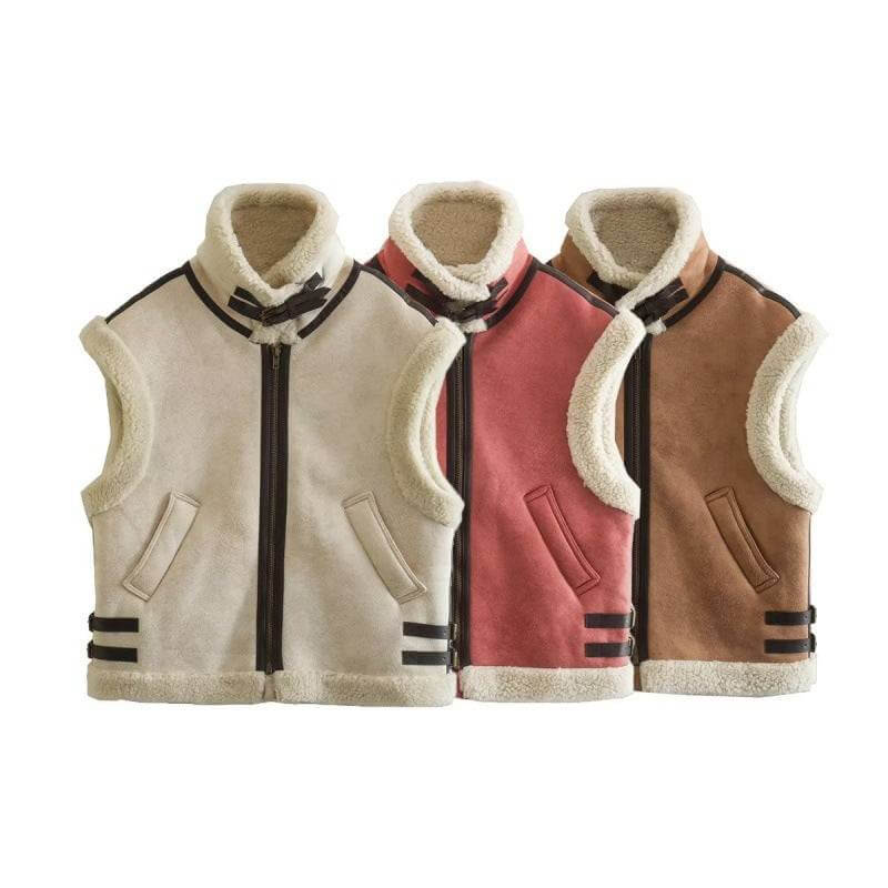 Antoinette | Gilet sans manches aspect peau de mouton pour femme à col montant, Fermeture zippée et détails à boucles
