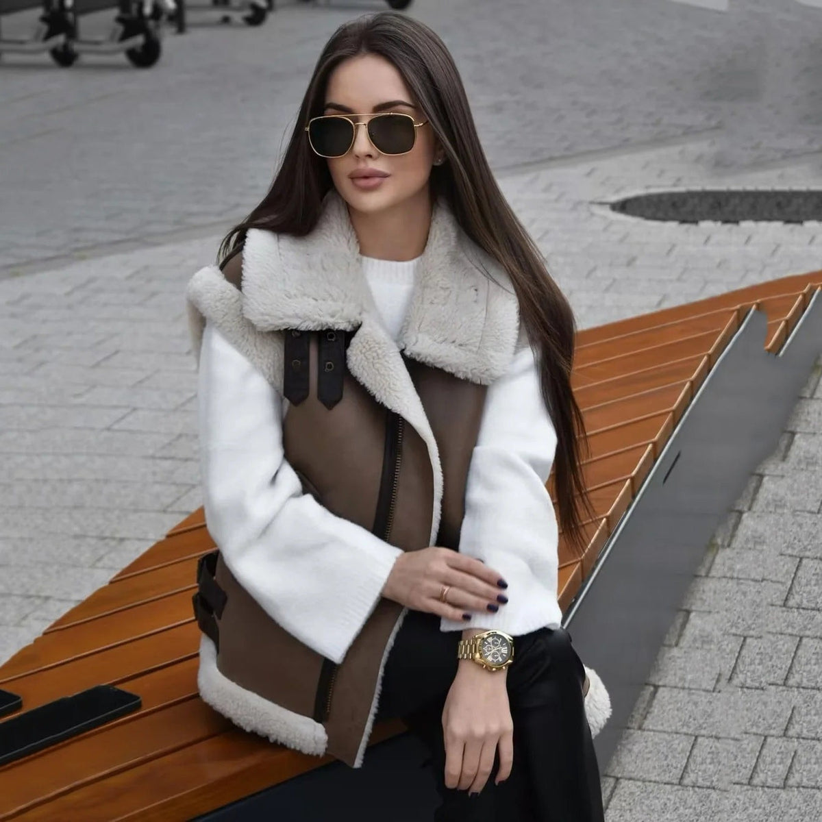 Gilet sans manches aspect peau de mouton pour femme à col montant, Fermeture zippée et détails à boucles