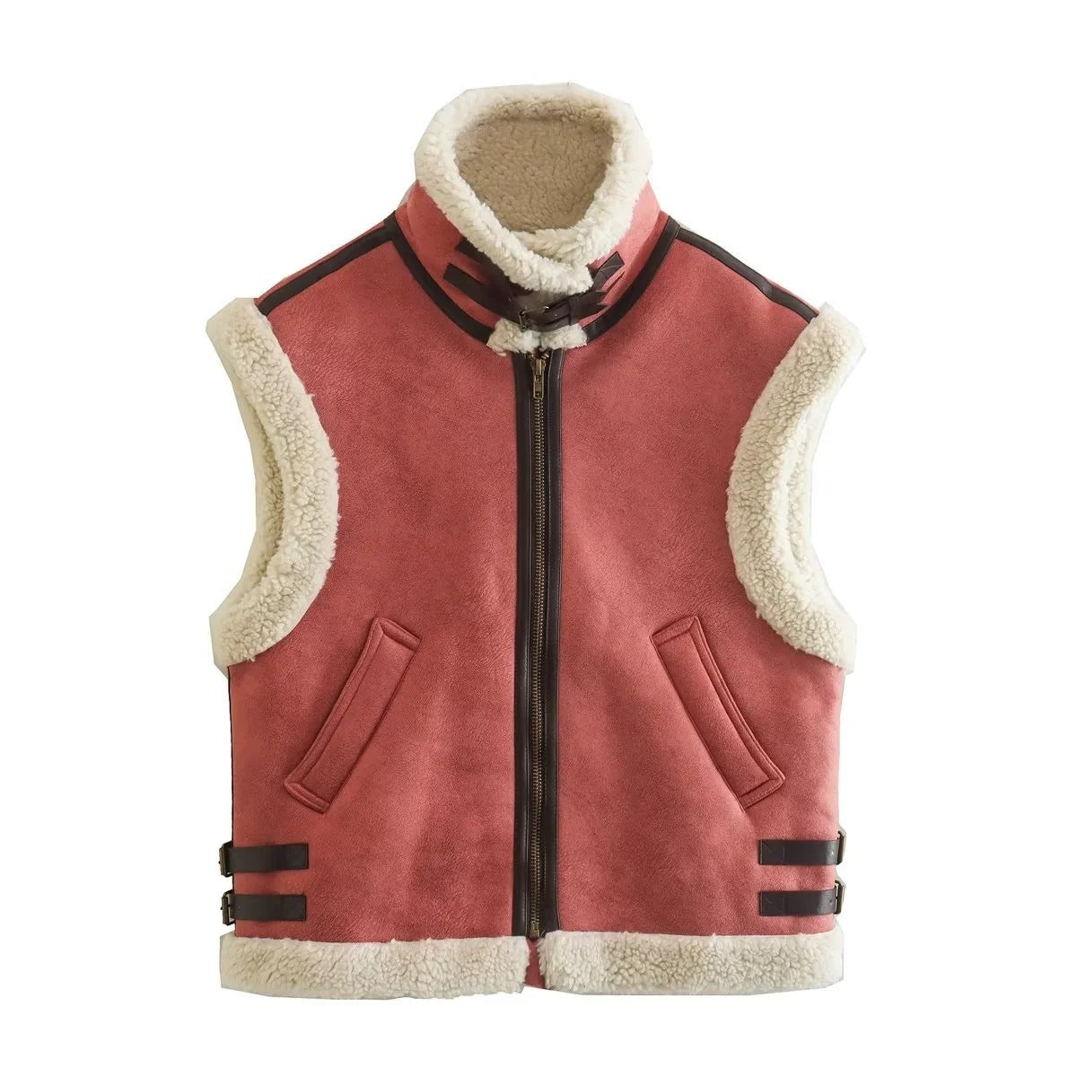 Gilet sans manches aspect peau de mouton pour femme à col montant, Fermeture zippée et détails à boucles