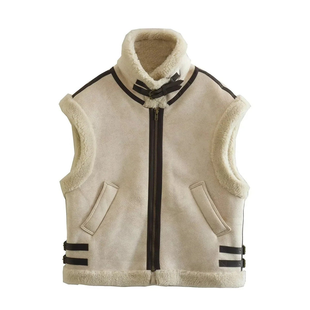 Gilet sans manches aspect peau de mouton pour femme à col montant, Fermeture zippée et détails à boucles