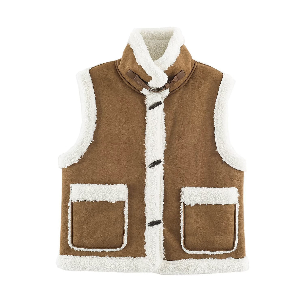 Gilet sans manches en peau de mouton pour femme, col montant et fermetures à olives