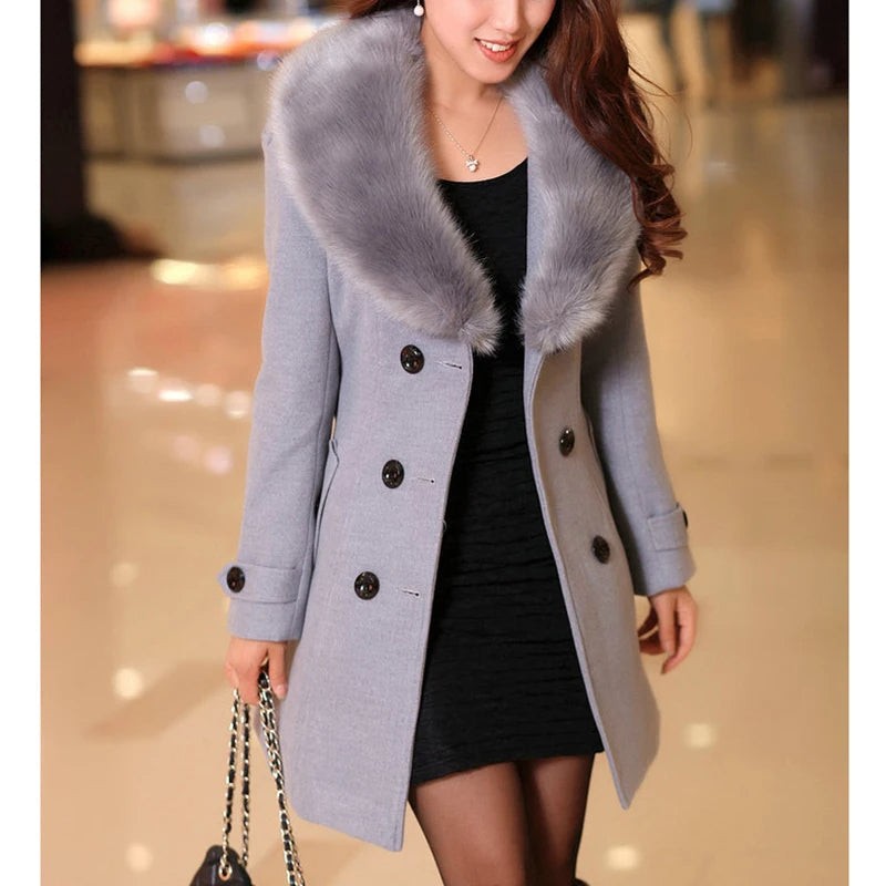 Manteau à col en fausse fourrure pour femme, Manteau long d'hiver