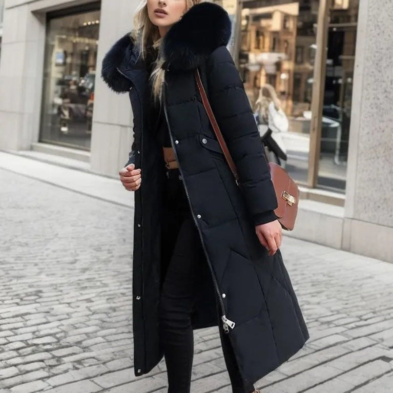 Manteau d'hiver long à capuche et poches pour femme, Grande taille ronde