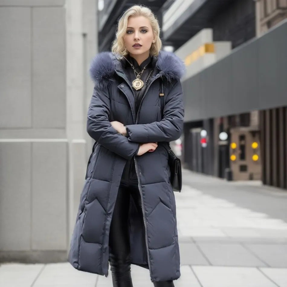 Manteau d'hiver long à capuche et poches pour femme, Grande taille ronde