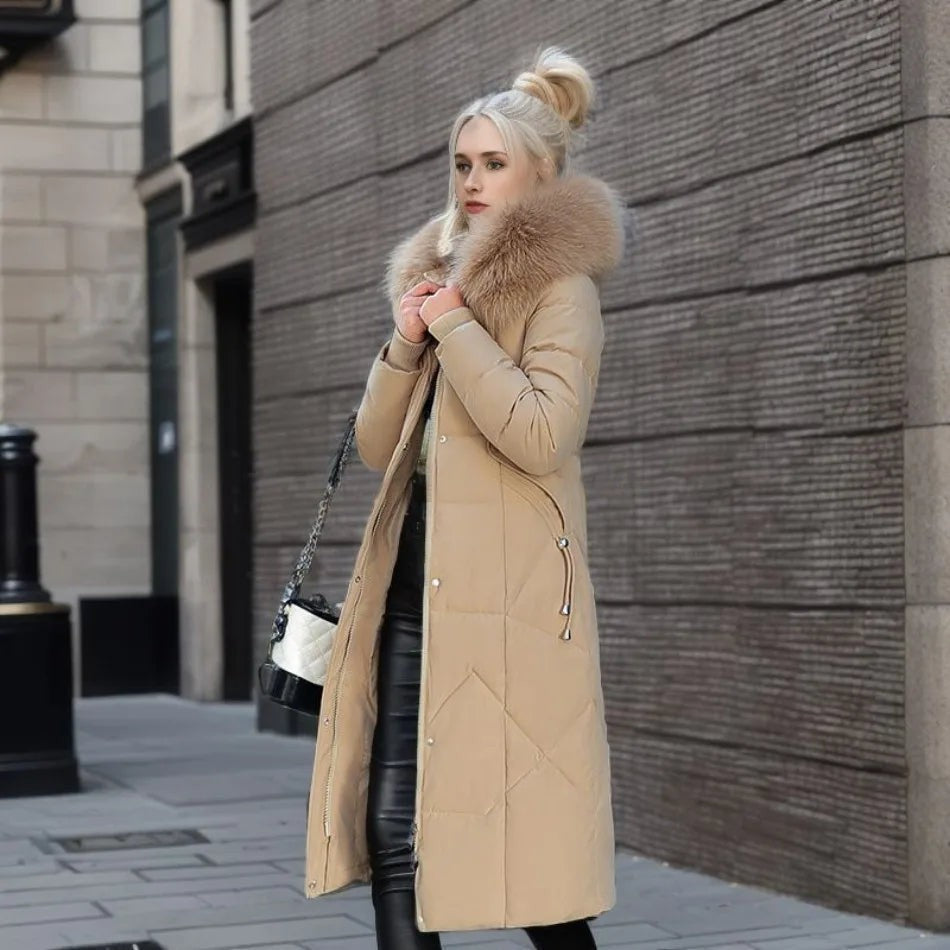 Manteau d'hiver long à capuche et poches pour femme, Grande taille ronde
