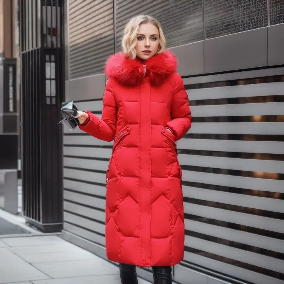 Manteau d'hiver long à capuche et poches pour femme, Grande taille ronde
