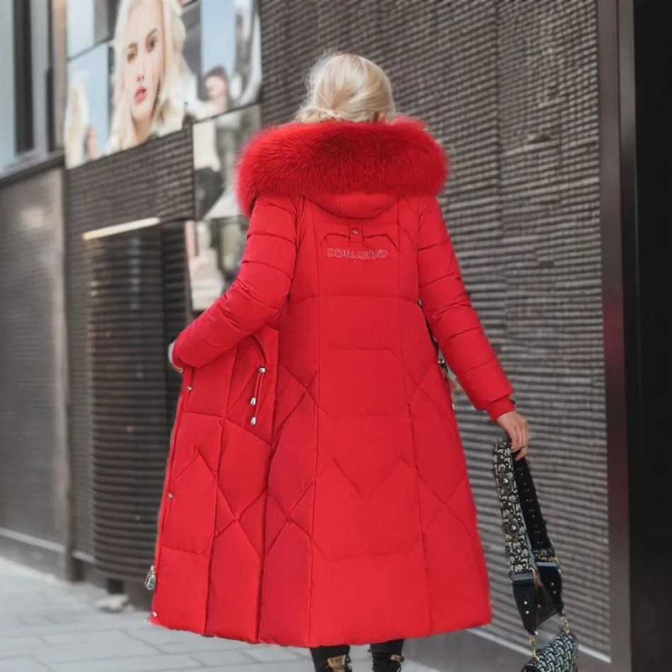 Manteau d'hiver long à capuche et poches pour femme, Grande taille ronde