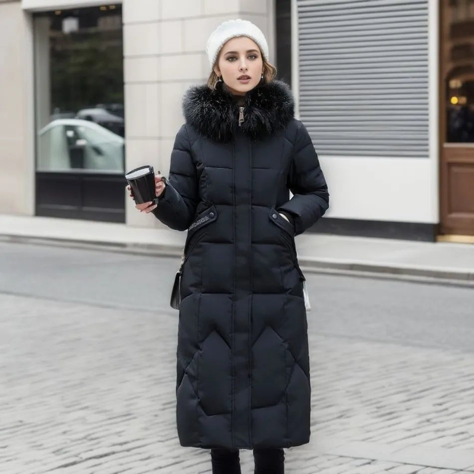 Manteau d'hiver long à capuche et poches pour femme, Grande taille ronde