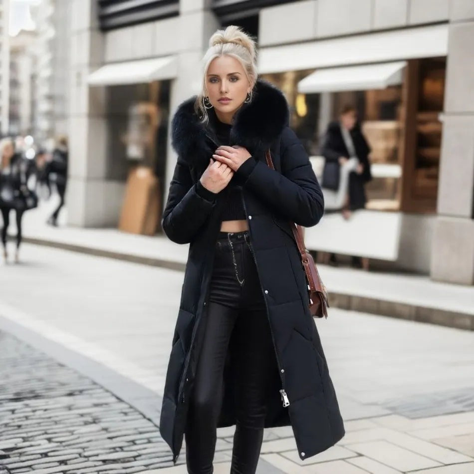 Manteau d'hiver long à capuche et poches pour femme, Grande taille ronde