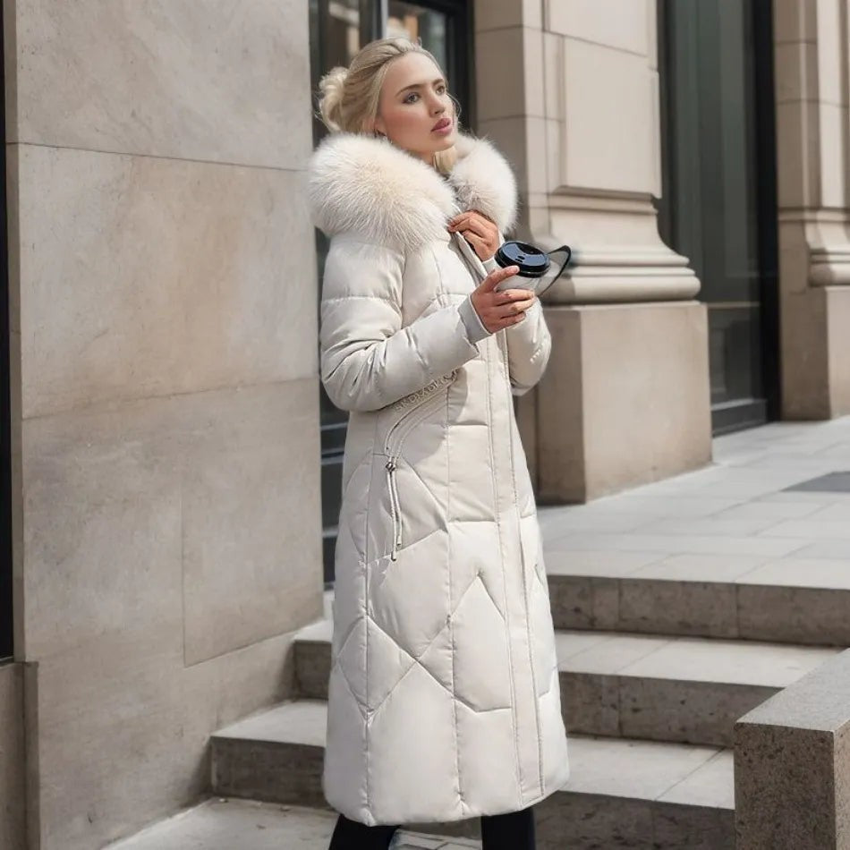 Manteau d'hiver long à capuche et poches pour femme, Grande taille ronde