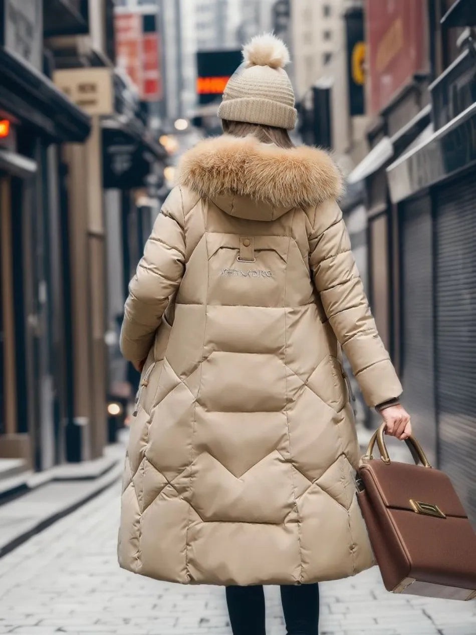 Manteau d'hiver long à capuche et poches pour femme, Grande taille ronde
