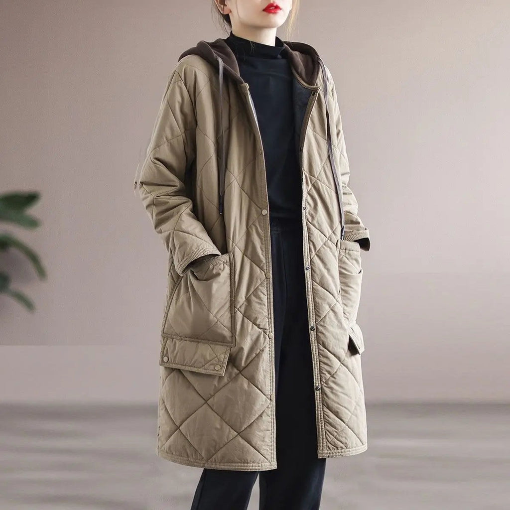 Manteau d'hiver mi-long à simple boutonnage avec capuche en grande taille, pour femme ronde