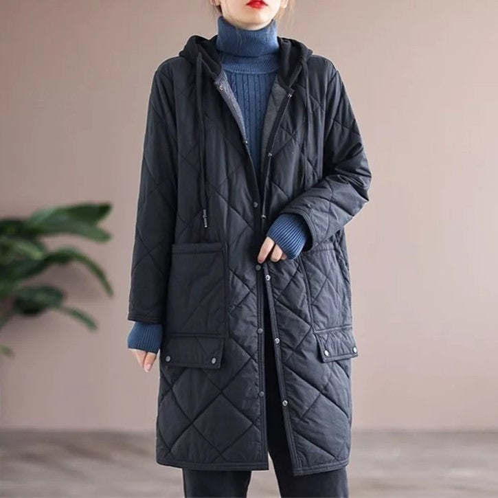 Manteau d'hiver mi-long à simple boutonnage avec capuche en grande taille, pour femme ronde