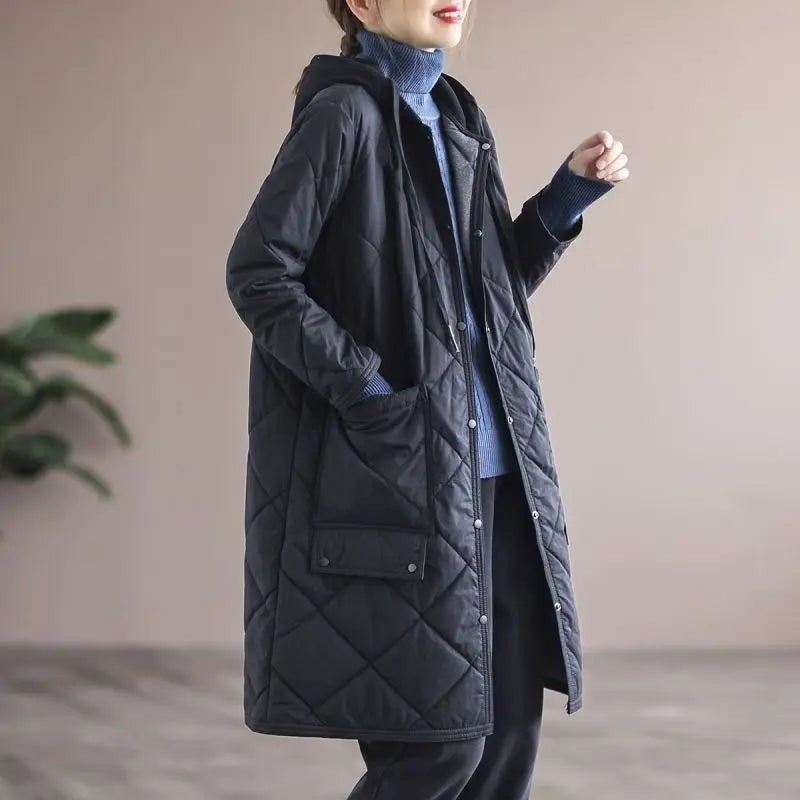 Manteau d'hiver mi-long à simple boutonnage avec capuche en grande taille, pour femme ronde