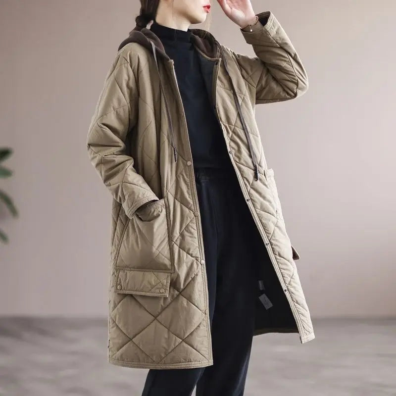 Manteau d'hiver mi-long à simple boutonnage avec capuche en grande taille, pour femme ronde