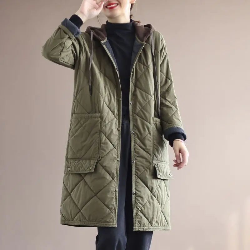 Manteau d'hiver mi-long à simple boutonnage avec capuche en grande taille, pour femme ronde