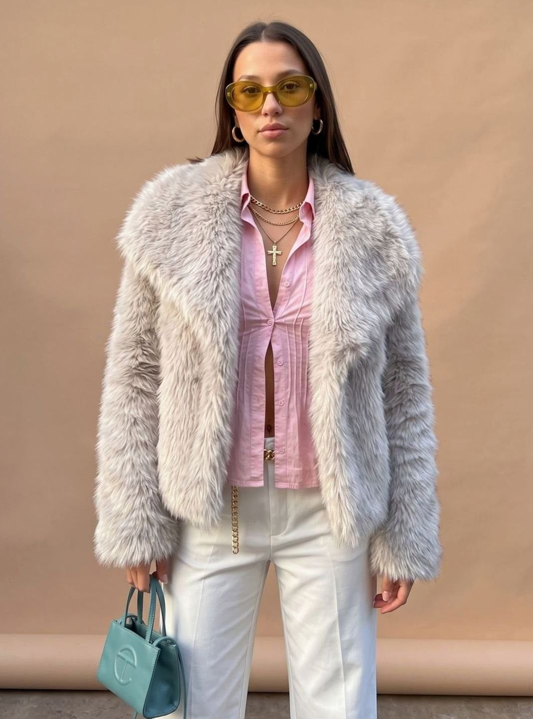 Manteau en fausse fourrure femme, court et duveteux, mode automne-hiver