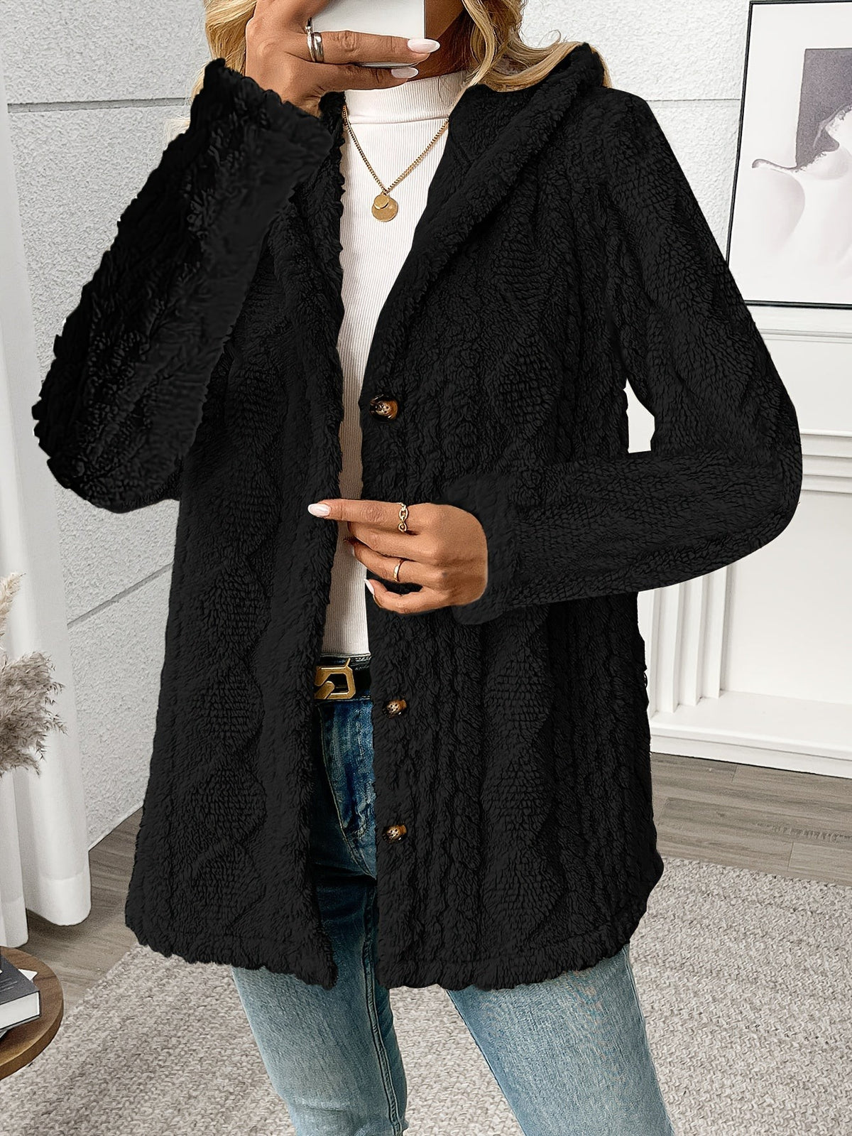 Manteau en peluche effet fausse fourrure pour femme, Manteau d'hiver moelleux