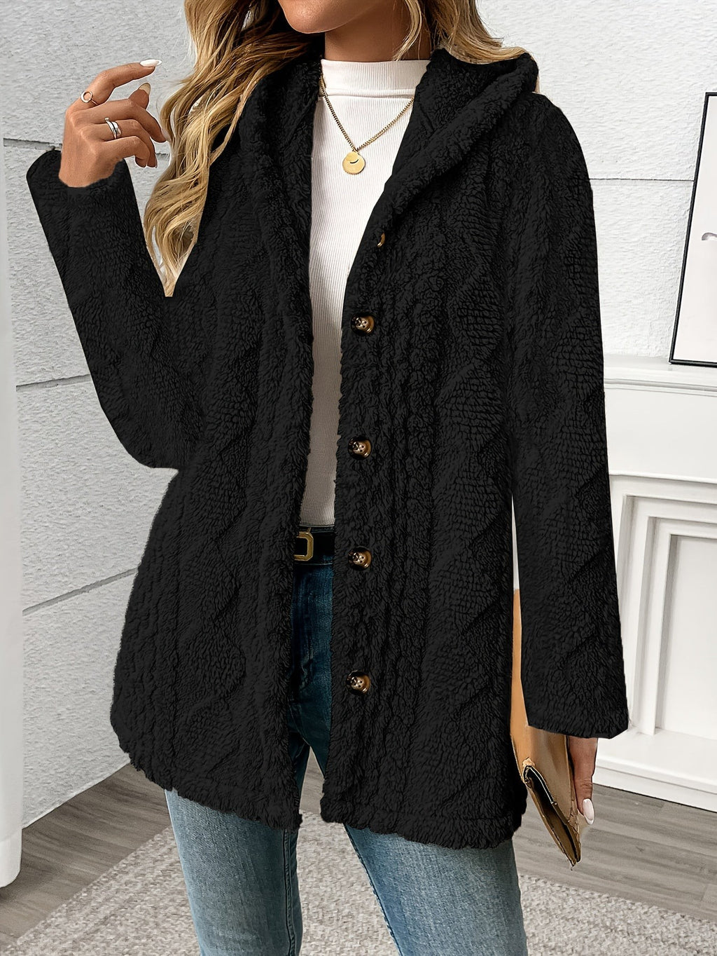 Manteau en peluche effet fausse fourrure pour femme, Manteau d'hiver moelleux