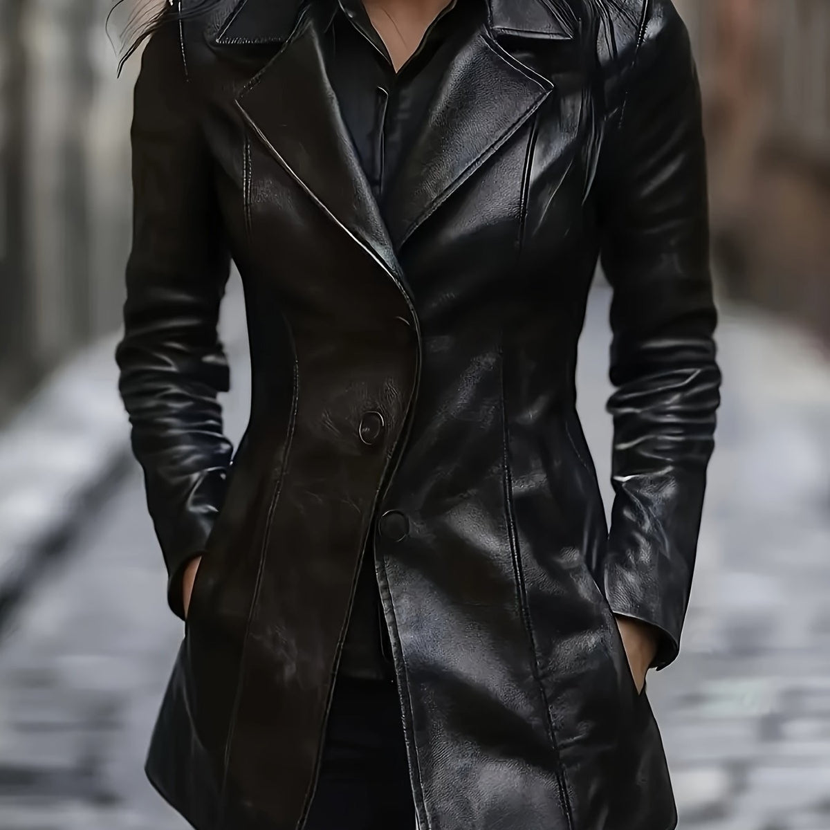 Manteau en simili cuir cintré noir pour femme