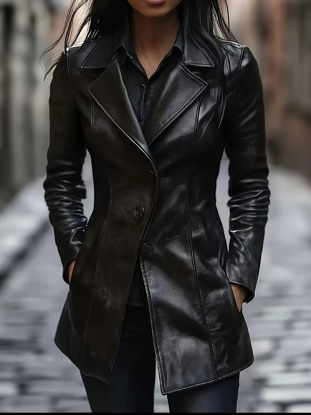 Manteau en simili cuir cintré noir pour femme