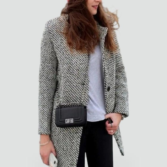 Manteau femme noir à motif pied-de-poule, doublure matelassée