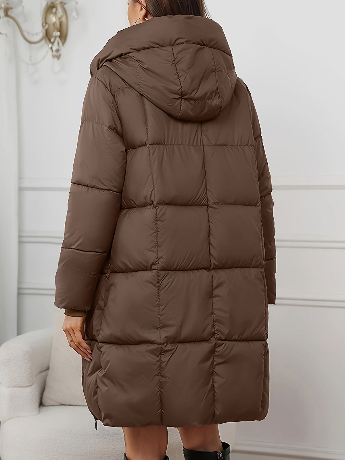 Manteau femme noir, doudoune longue à capuche