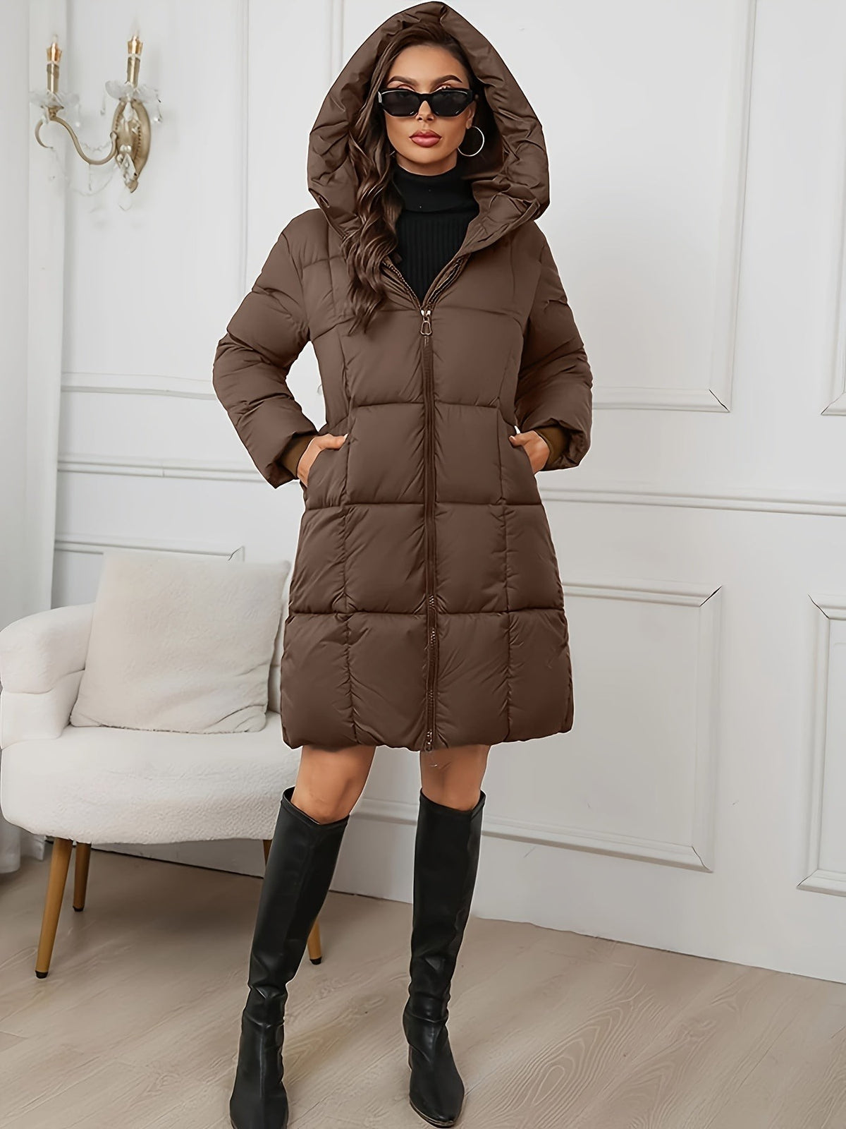 Manteau femme noir, doudoune longue à capuche