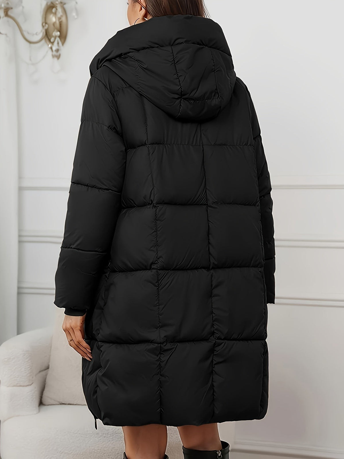 Manteau femme noir, doudoune longue à capuche