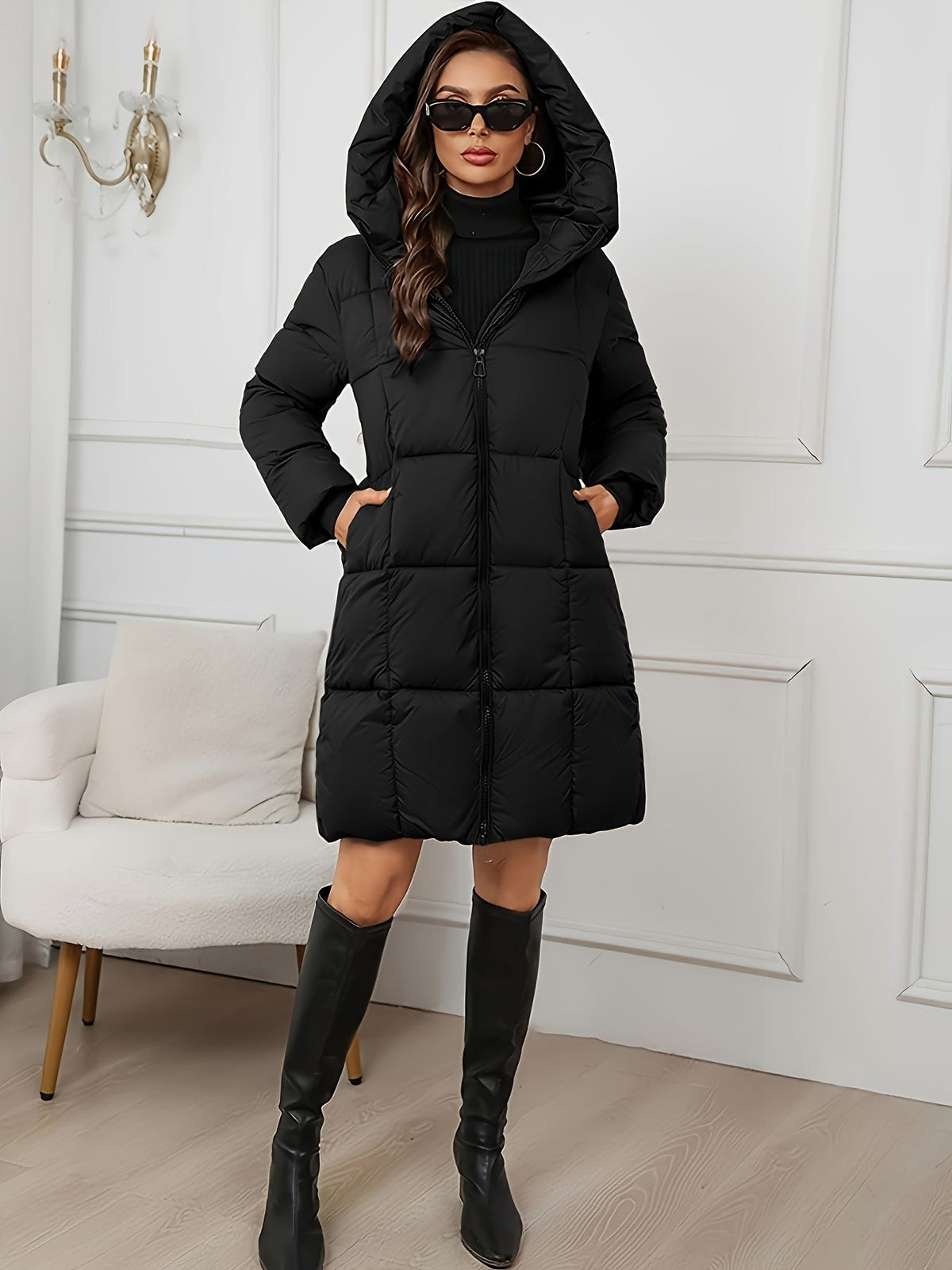 Manteau femme noir, doudoune longue à capuche