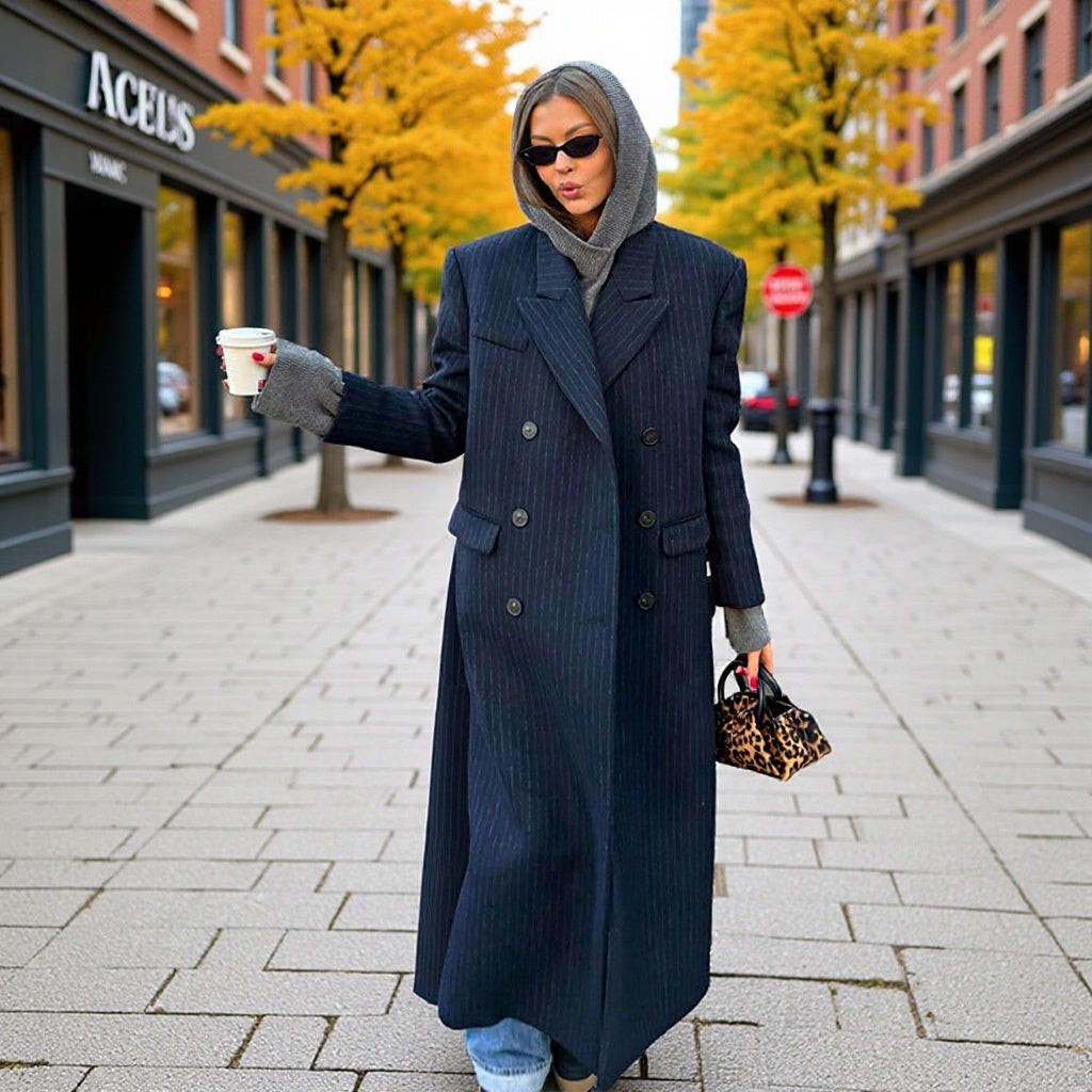 Manteau long oversize croisé à rayures tennis pour femme, épaules oversize