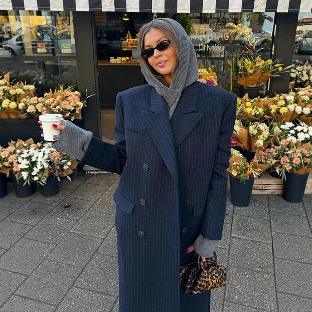 Manteau long oversize croisé à rayures tennis pour femme, épaules oversize