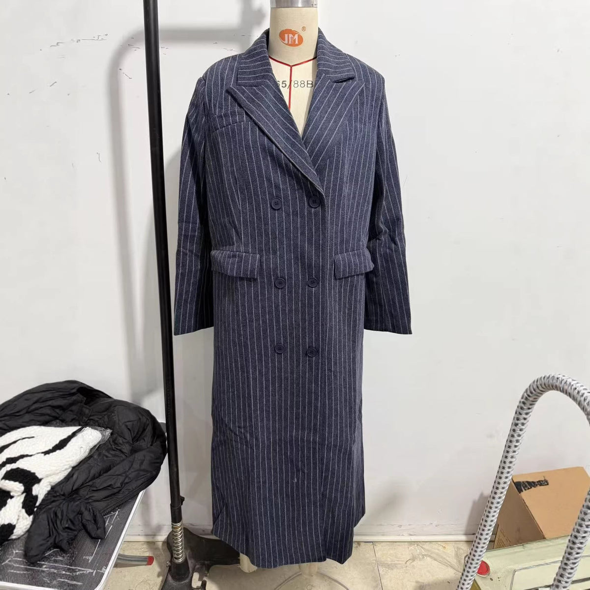 Manteau long oversize croisé à rayures tennis pour femme, épaules oversize