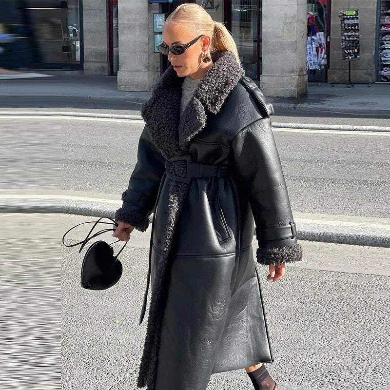 Manteau long oversize pour femme en imitation mouton retourné avec ceinture et col châle