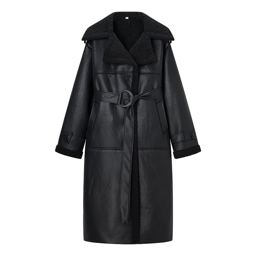 Manteau long oversize pour femme en imitation mouton retourné avec ceinture et col châle