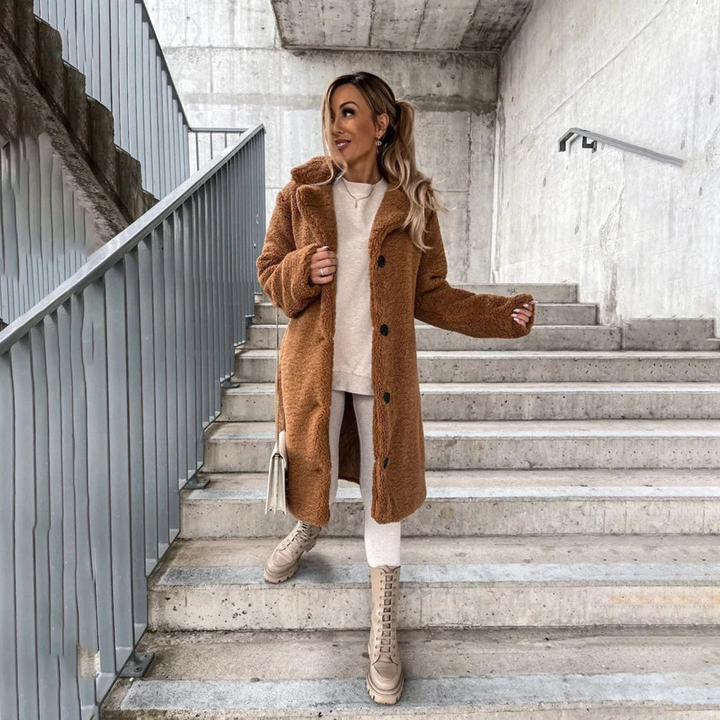 Manteau long style teddy grande taille pour femme, modèle hiver