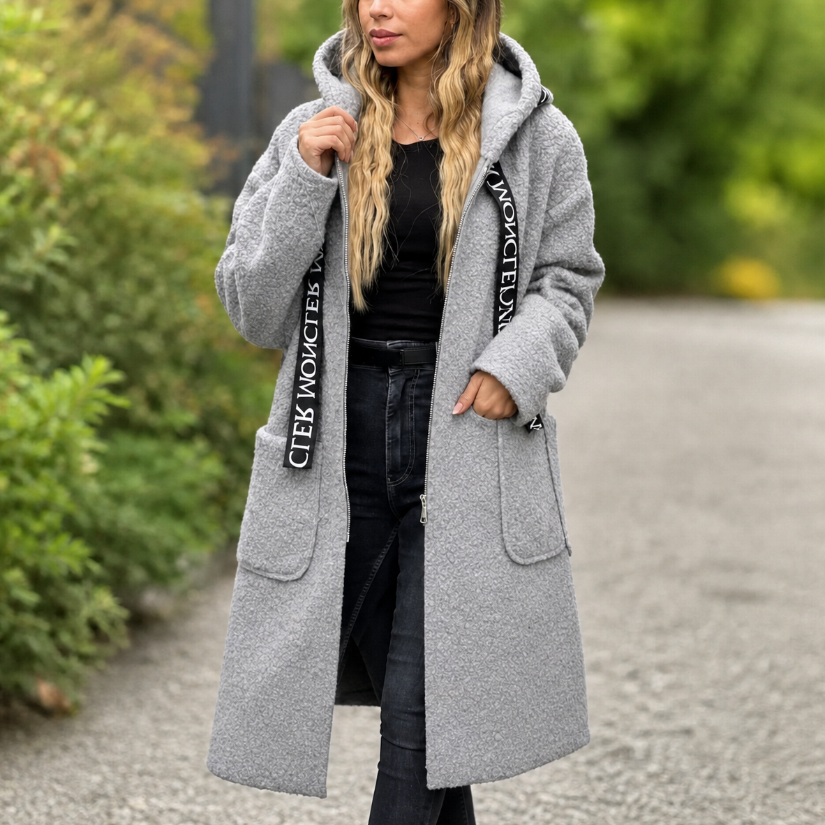 Manteau long zippé à capuche pour femme, coupe oversize