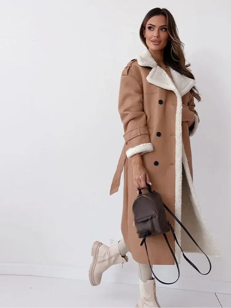 Manteau trench d'hiver long doublé teddy pour femme, coupe oversize