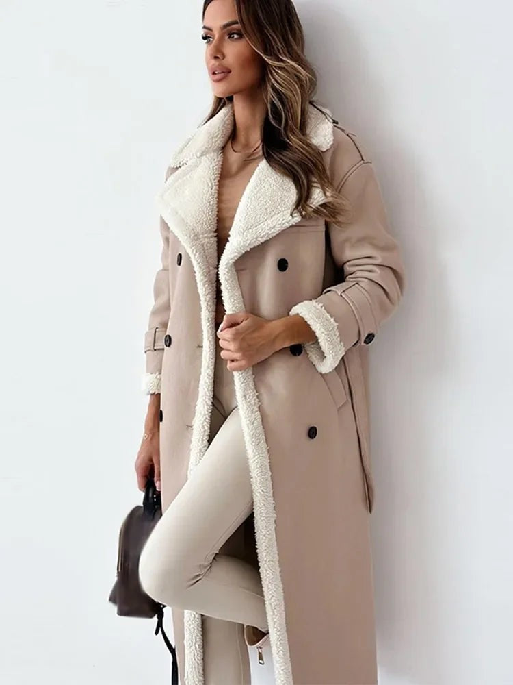 Manteau trench d'hiver long doublé teddy pour femme, coupe oversize
