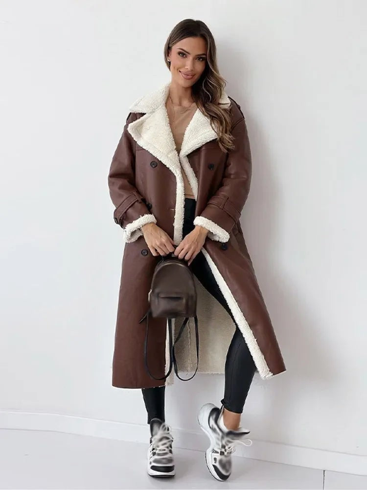 Manteau trench d'hiver long doublé teddy pour femme, coupe oversize