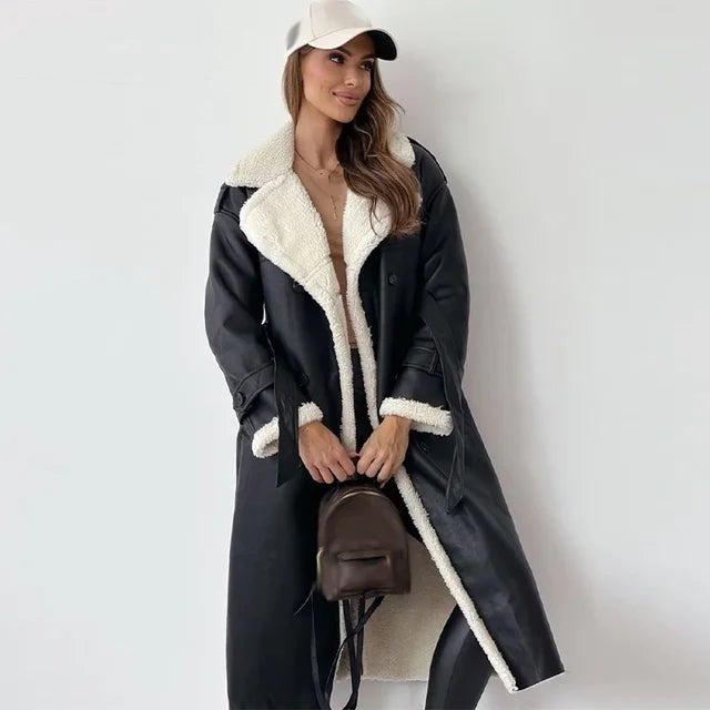 Manteau trench d'hiver long doublé teddy pour femme, coupe oversize