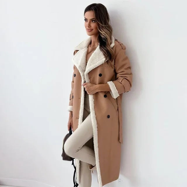 Manteau trench d'hiver long doublé teddy pour femme, coupe oversize