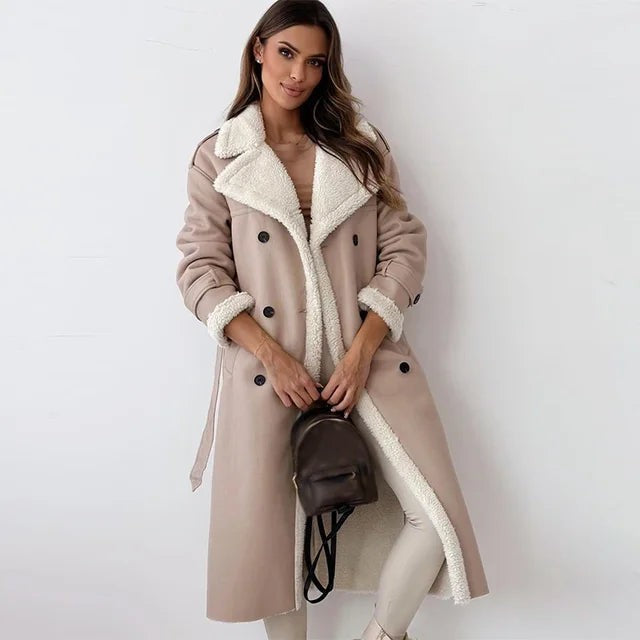 Manteau trench d'hiver long doublé teddy pour femme, coupe oversize