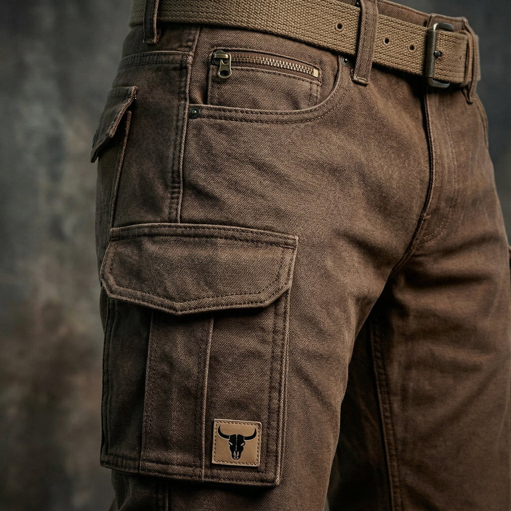 Pantalon cargo homme coupe ajustée et fuselée, poches latérales, patch bull